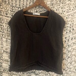 Zara Sleeveless Scoop Neck 100% Linen Raw Edge Hem Crop Top Black size Medium